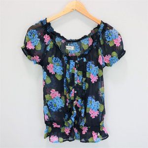 Abercrombie Kids Floral Ruffle Sheer Navy Blouse
